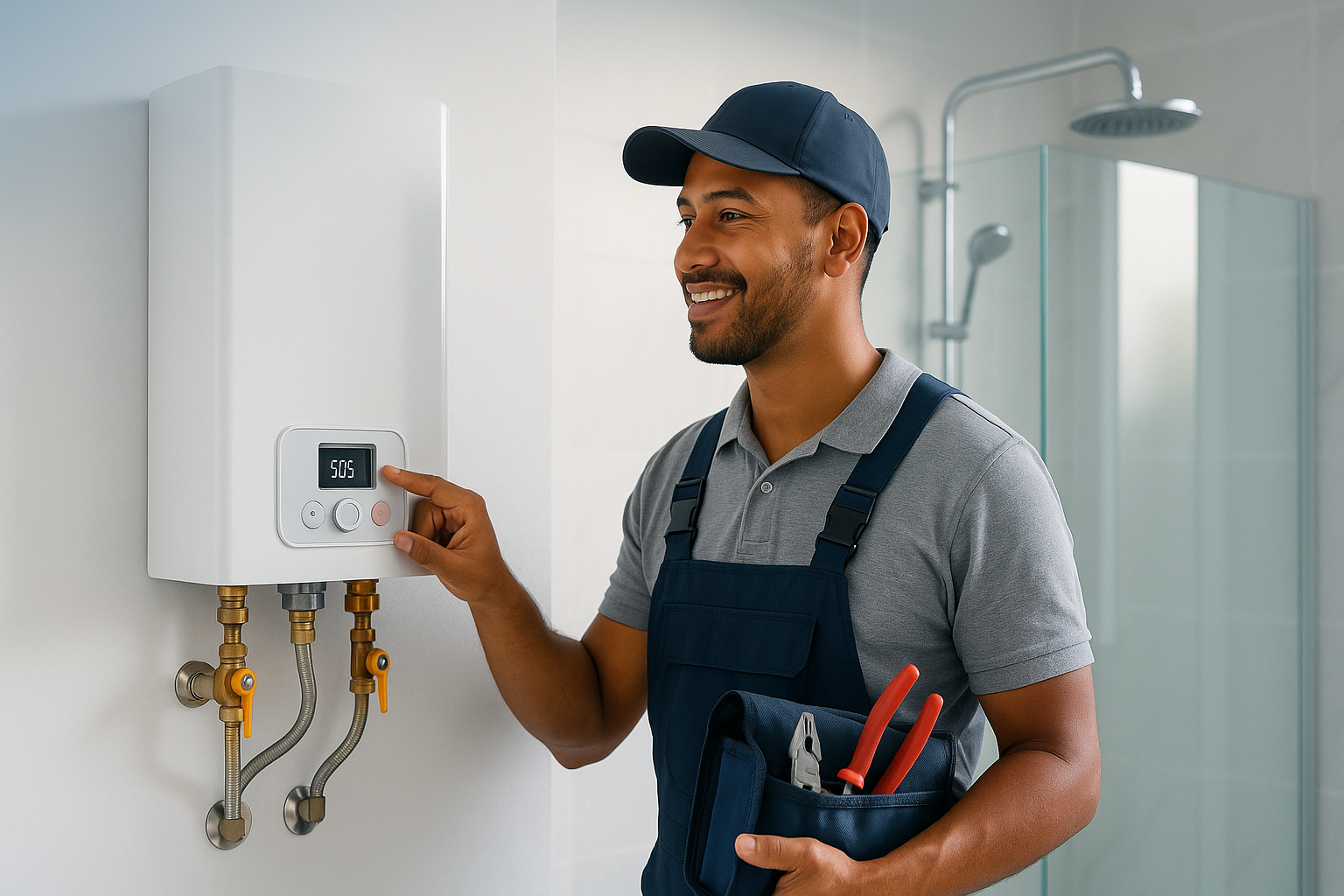 Técnico ajustando aquecedor a gás